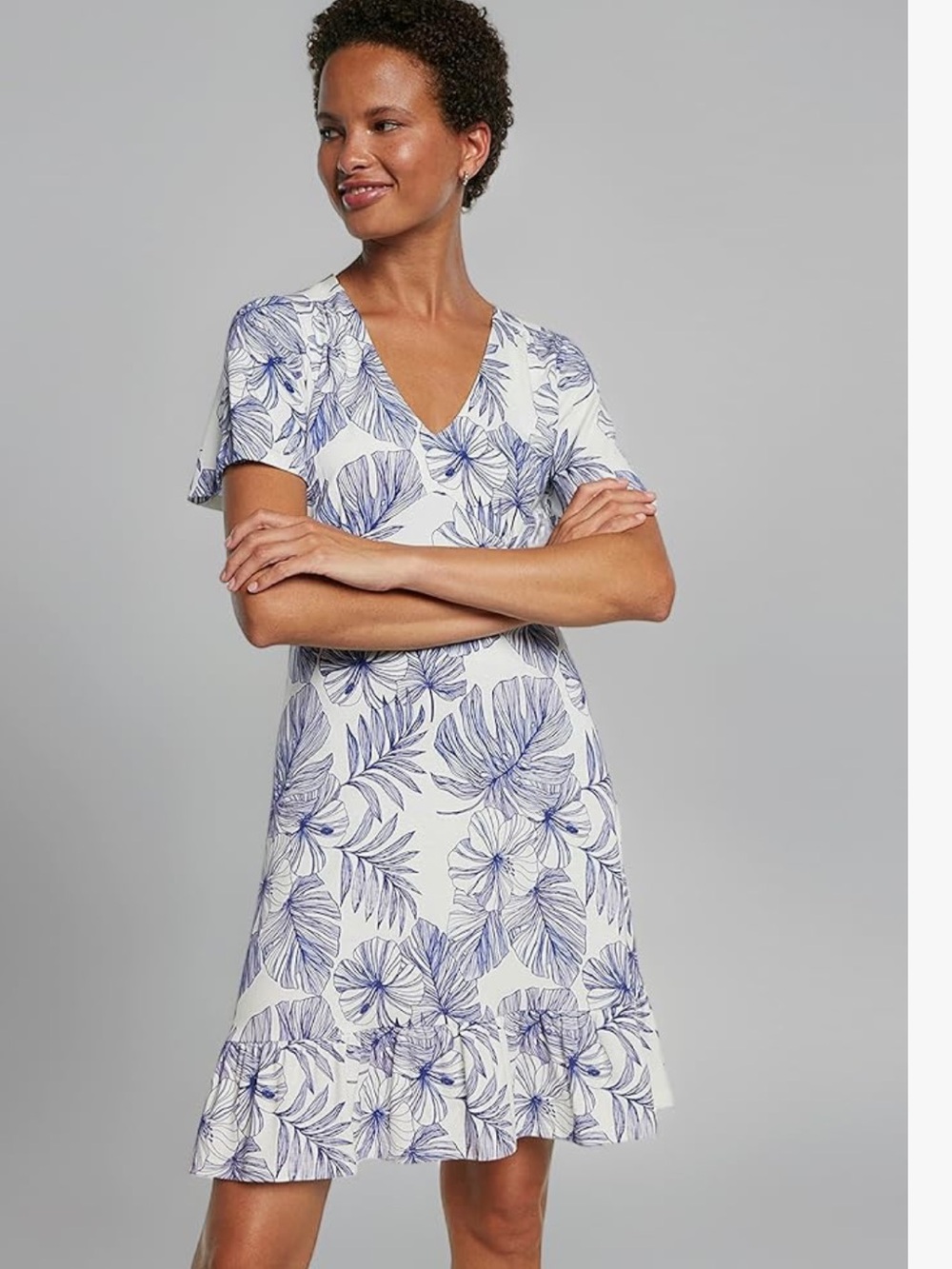 Jou Jou White Dress with Blue Tropical Leaf Print